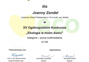dyplom-wyróżnienie dla uczennicy Joanny Zendeł