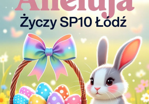 Krata z życzeniami przedstawiająca koszyczek z pisankami, kurczaczki i króliczka