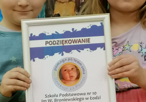 Podziękowanie dla Szkoły Podstawowej nr 10 w Łodzi za udział w akcji charytatywnej
